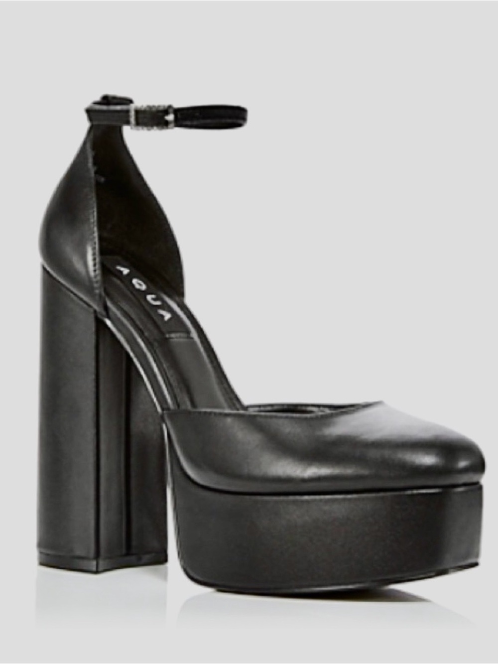 Aqua Black Leather Platform Block Heel with Ankle Strap